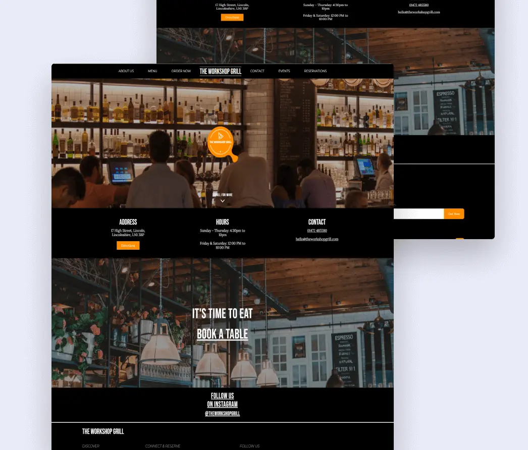 Screenshot of The Workshop Grill's Rustic Website
